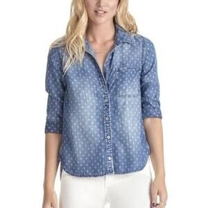 CLOTH & STONE Chambray Button-Down Shirt Roll-Up 3/4 Sleeve Printed Blue Size XS